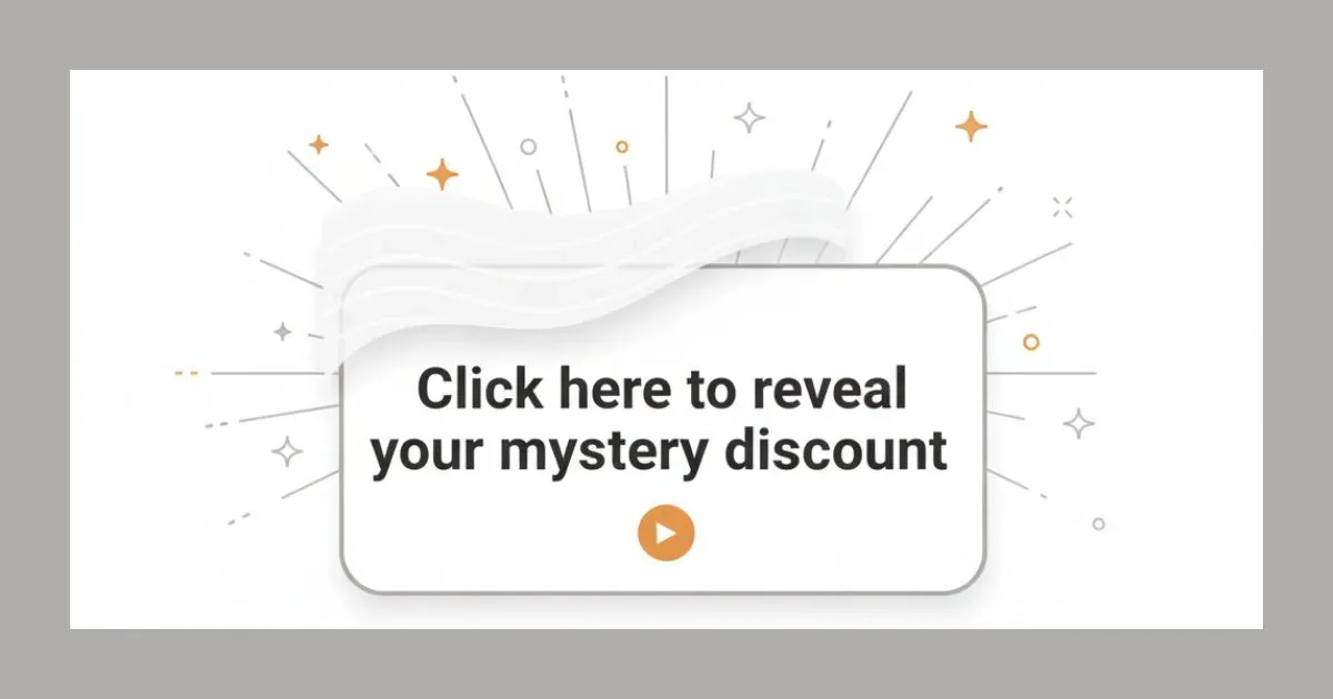 Minimalist SaaS-style vector illustration of a white rounded card with the text "Click here to reveal your mystery discount." The card is partially covered by a soft, semi-transparent white curtain with orange accent sparkles and a play button in brand color #e18b22.